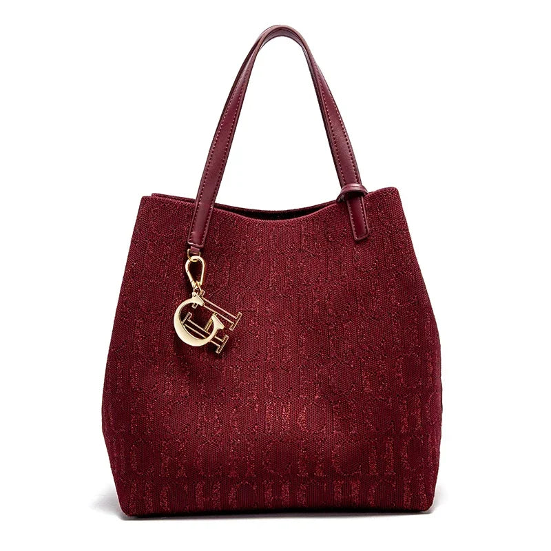 Elegant Women's Monogram Jacquard Tote Bag - Top Handle Shoulder Bag with Gold Initial Charm