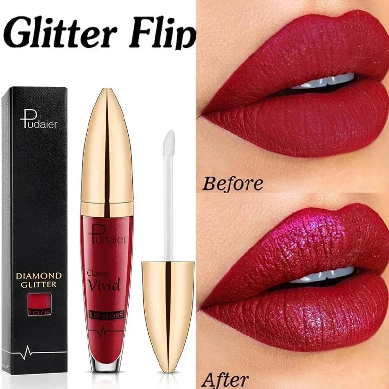 Pudaier Glitter Flip Transforming Liquid Lipstick – Matte to Diamond Shimmer Longwear Lip Gloss