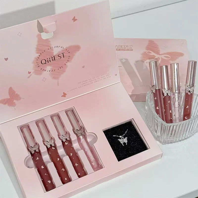 QIBEST 4-Piece Butterfly Lip Gloss & Matte Liquid Lipstick Set with Bonus Crystal Necklace