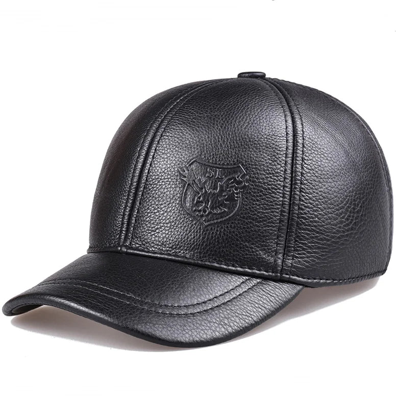 Men’s Genuine Cowhide Leather Baseball Cap – Vintage Embossed Crest