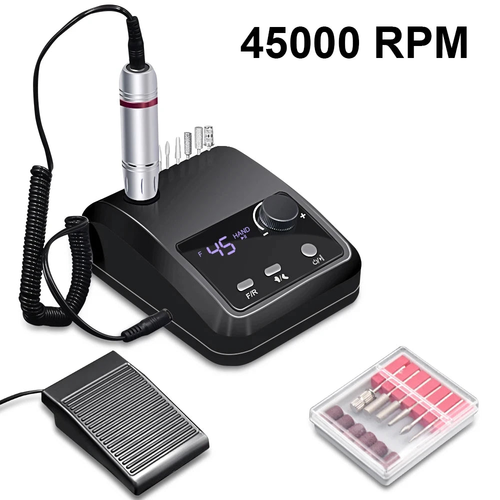 Professional 45000 RPM Electric Nail Drill Machine Set with Smart LCD Screen, Foot Pedal & Bit Storage Base