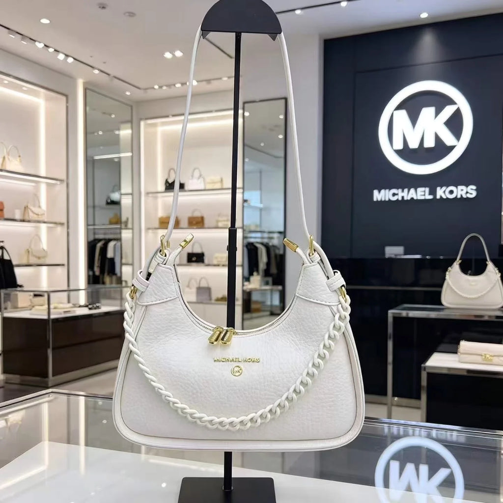 Michael Kors Pebbled Leather Small Shoulder Bag – Chain Detail Crescent Hobo Handbag