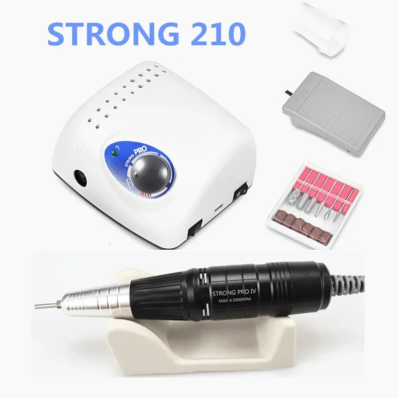 Professional STRONG 210 Electric Nail Drill Set – 45000 RPM Micro Motor E-File Machine with Foot Pedal