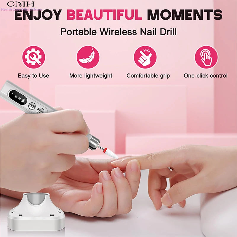 Professional Wireless Electric Nail Drill Kit - 15000RPM Rechargeable E-File with Charging Base & 12 Interchangeable Bits