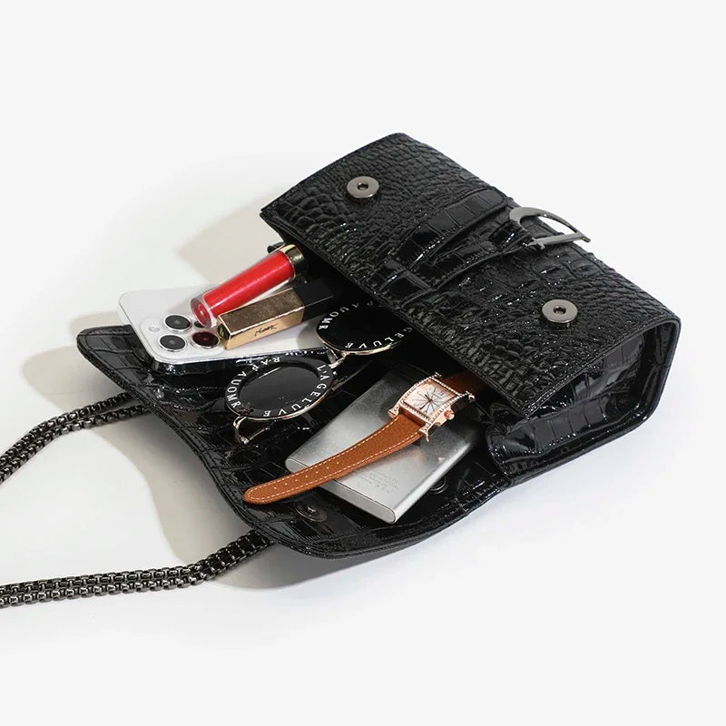 Crocodile Embossed Saddle Flap Crossbody Bag with Gunmetal Chain & Letter Charm
