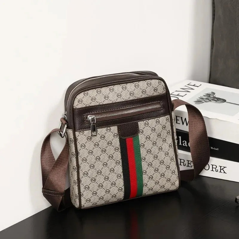 Men's Vintage Monogram Crossbody Bag – Striped Leather Messenger Bag & Casual Shoulder Bag for Travel and Daily Commute