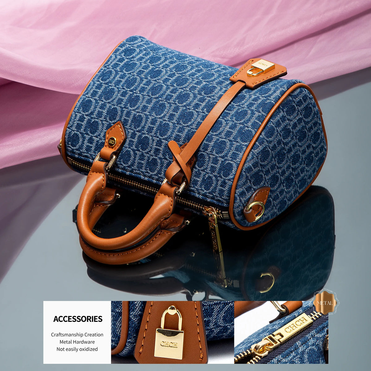 Vintage Denim Monogram Mini Boston Bag with Lock Charm & Crossbody Strap