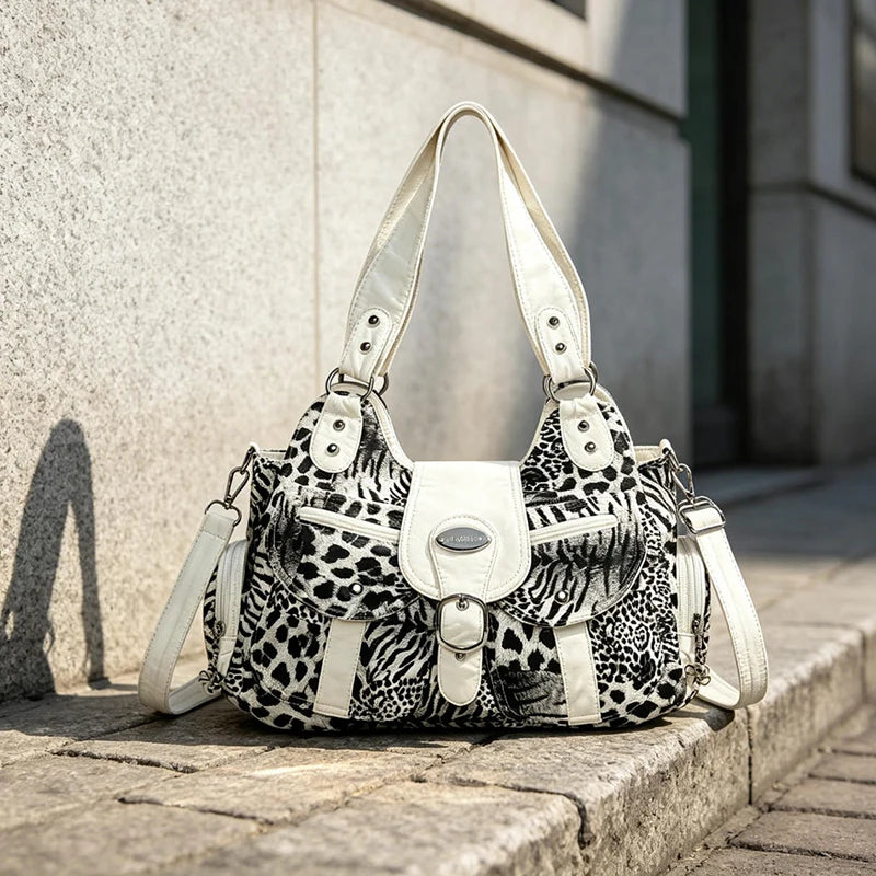 Women's Y2K Animal Print Hobo Shoulder Bag – Retro Multi-Pocket Leopard & Tiger Print Crossbody Tote Purse
