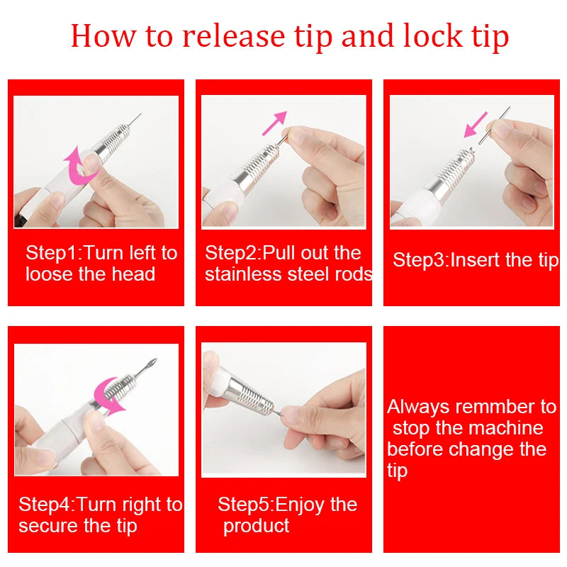Portable Professional 35000RPM Electric Nail Drill Handpiece - 5-Pin Plug - Low Noise & Vibration