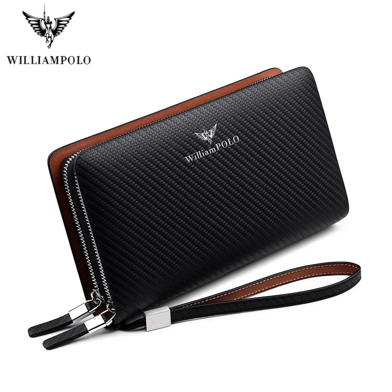 WilliamPOLO Carbon Fiber Pattern Leather Clutch Wallet for Men - Large Capacity Long Purse with Wristlet