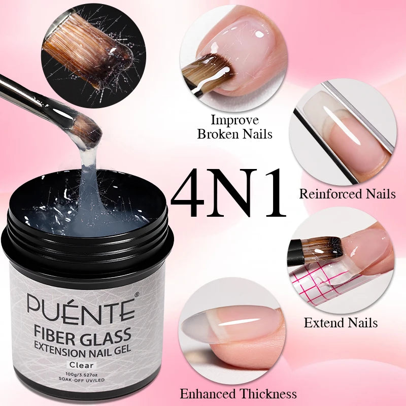 4-in-1 Fiberglass Nail Extension Gel – Clear Builder Gel for Broken Nail Repair & Natural Nail Reinforcement (100g)