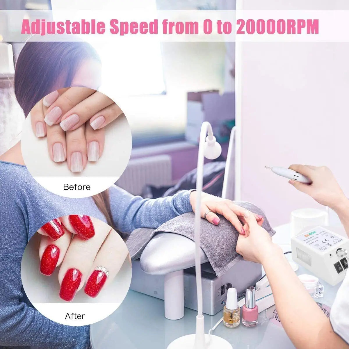 Professional Electric Nail Drill Kit 20000 RPM – Portable E-File Machine with 6 Metal Bits & Sanding Bands