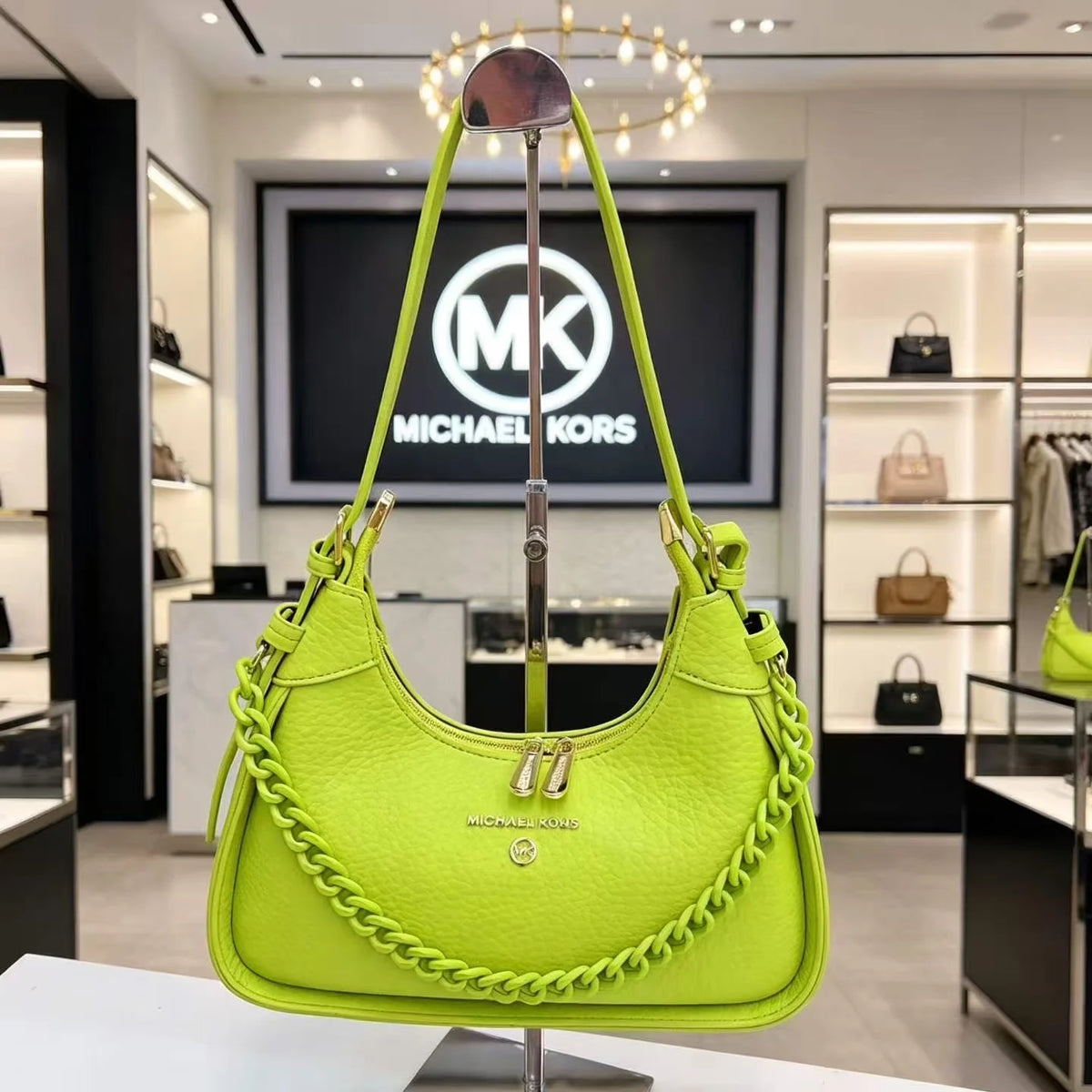 Michael Kors Pebbled Leather Small Shoulder Bag – Chain Detail Crescent Hobo Handbag
