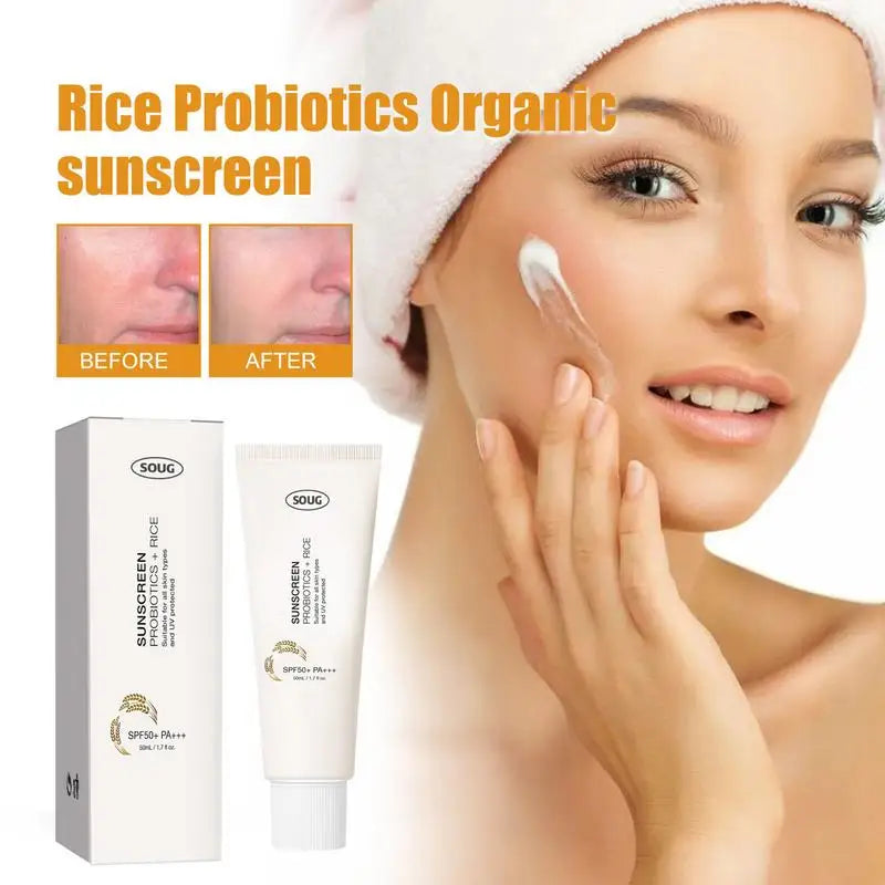 SOUG Rice + Probiotics Relief Sunscreen SPF50+ PA+++ (50ml) – Hydrating Organic Sun Cream for Face & Body, Zero White Cast