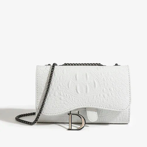 Crocodile Embossed Saddle Flap Crossbody Bag with Gunmetal Chain & Letter Charm