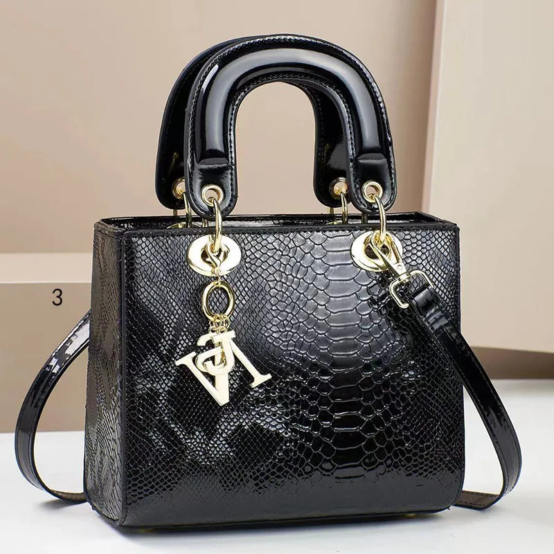 Glossy Embossed Crocodile Mini Tote Bag with Gold Charm & Crossbody Strap