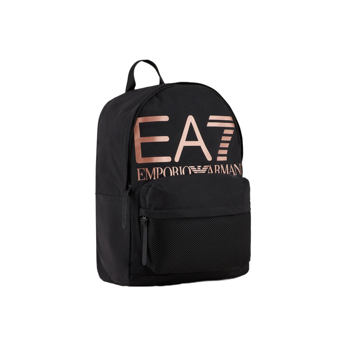 EA7 Emporio Armani Classic Unisex Backpack – Rose Gold Logo Laptop Daypack in Black