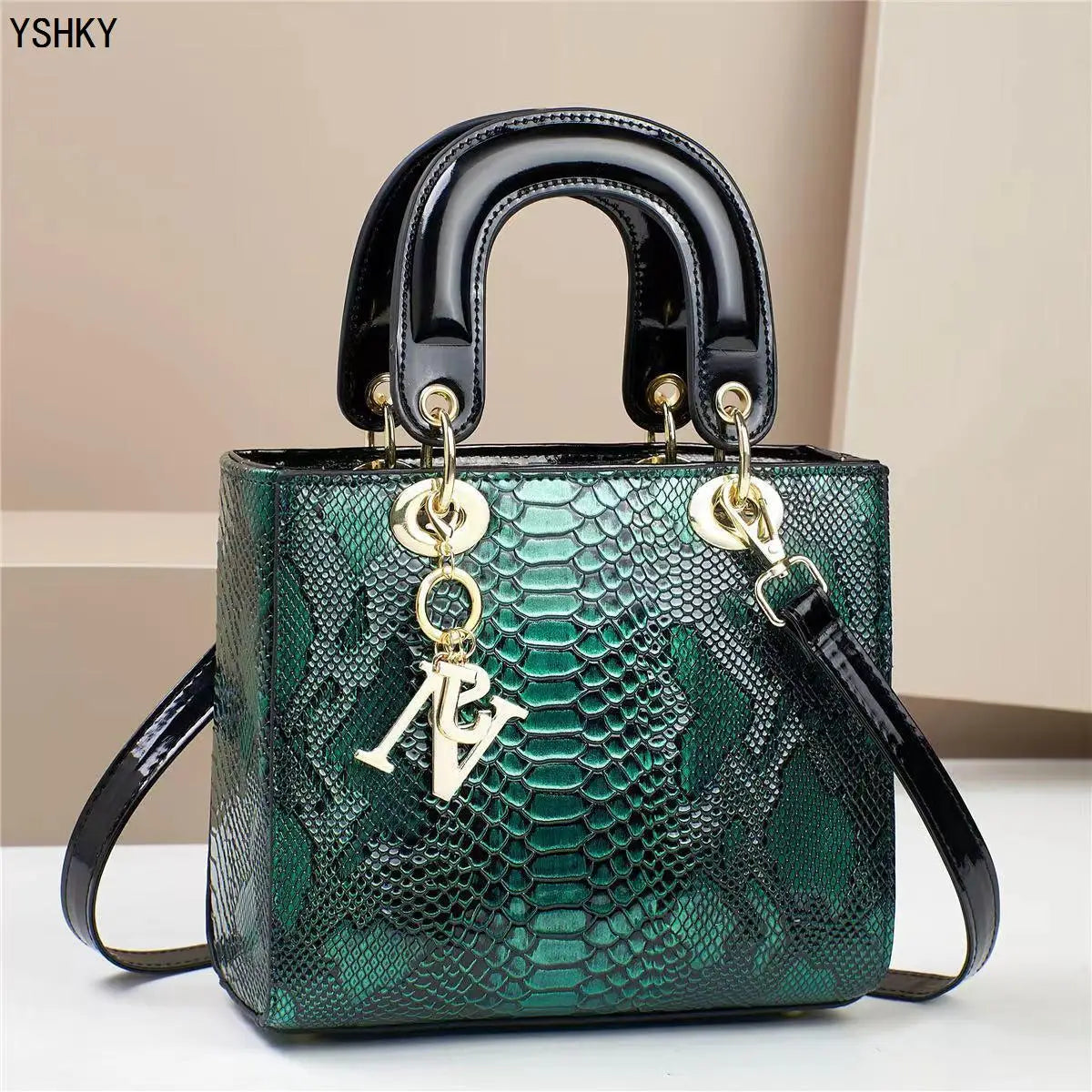 Glossy Embossed Crocodile Mini Tote Bag with Gold Charm & Crossbody Strap