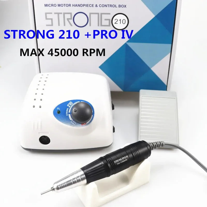 Professional STRONG 210 Electric Nail Drill Set – 45000 RPM Micro Motor E-File Machine with Foot Pedal