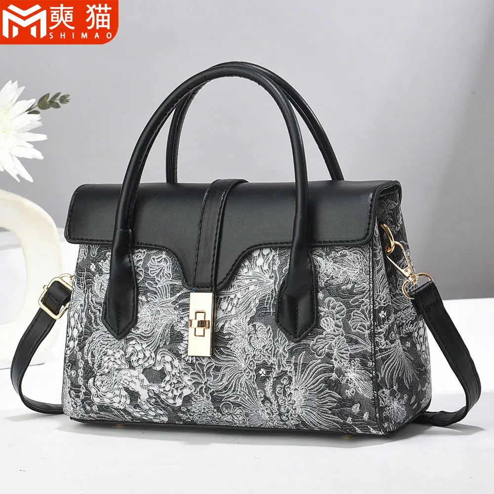 Classic Monogram Women's Top-Handle Satchel Crossbody Bag with Gold Hardware