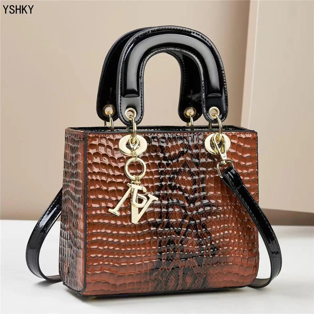 Glossy Embossed Crocodile Mini Tote Bag with Gold Charm & Crossbody Strap