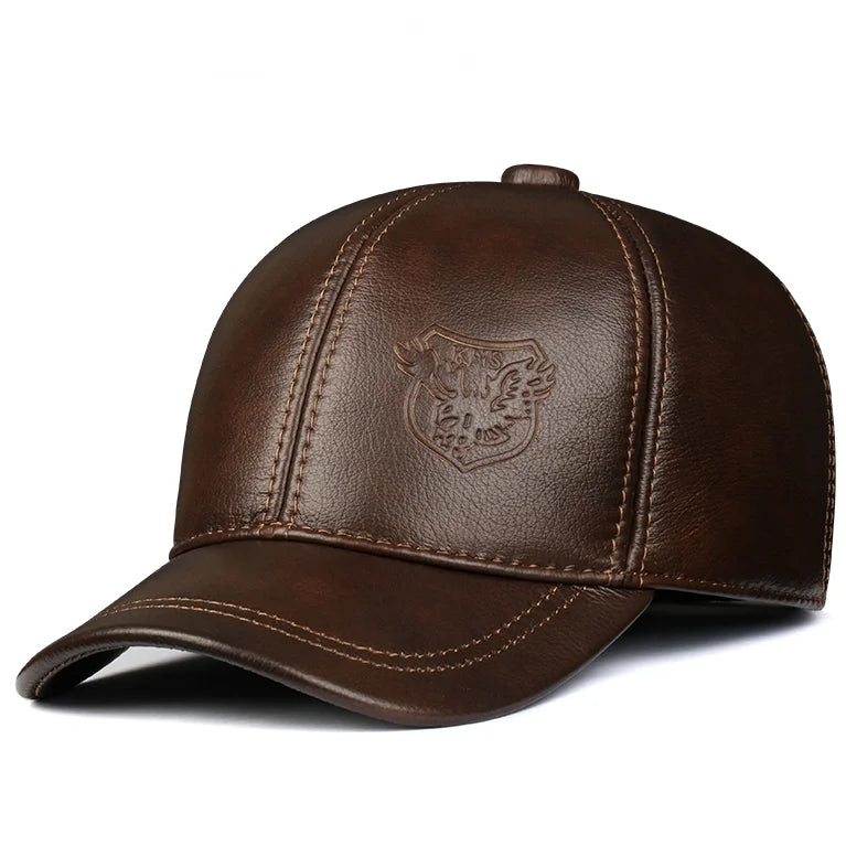 Men’s Genuine Cowhide Leather Baseball Cap – Vintage Embossed Crest