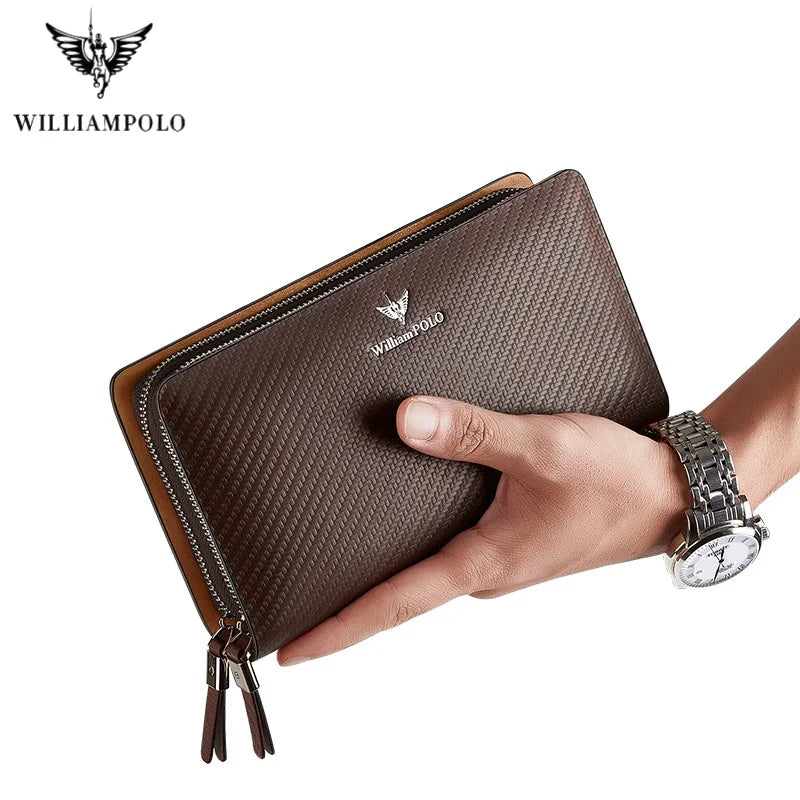 WilliamPOLO Carbon Fiber Pattern Leather Clutch Wallet for Men - Large Capacity Long Purse with Wristlet