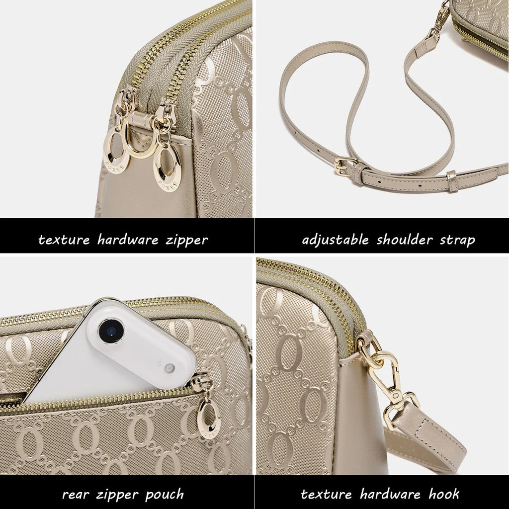 FOXER Women's Monogram Embossed Crossbody Bag – Luxury Double-Zipper Shoulder Camera Bag