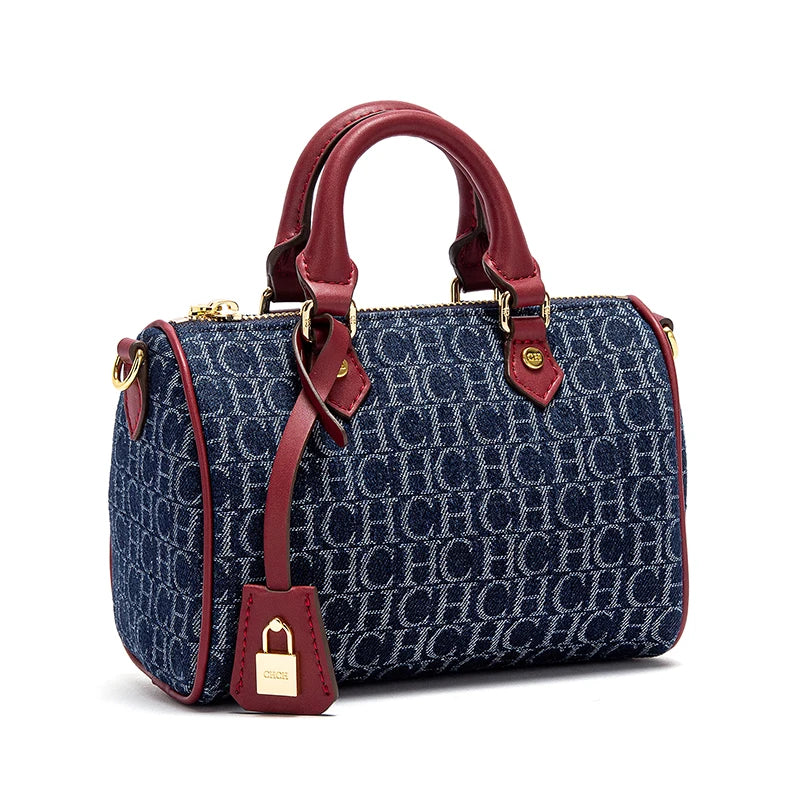 Vintage Denim Monogram Mini Boston Bag with Lock Charm & Crossbody Strap