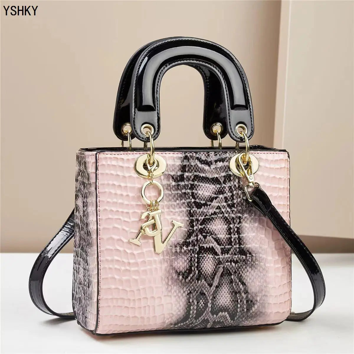 Glossy Embossed Crocodile Mini Tote Bag with Gold Charm & Crossbody Strap