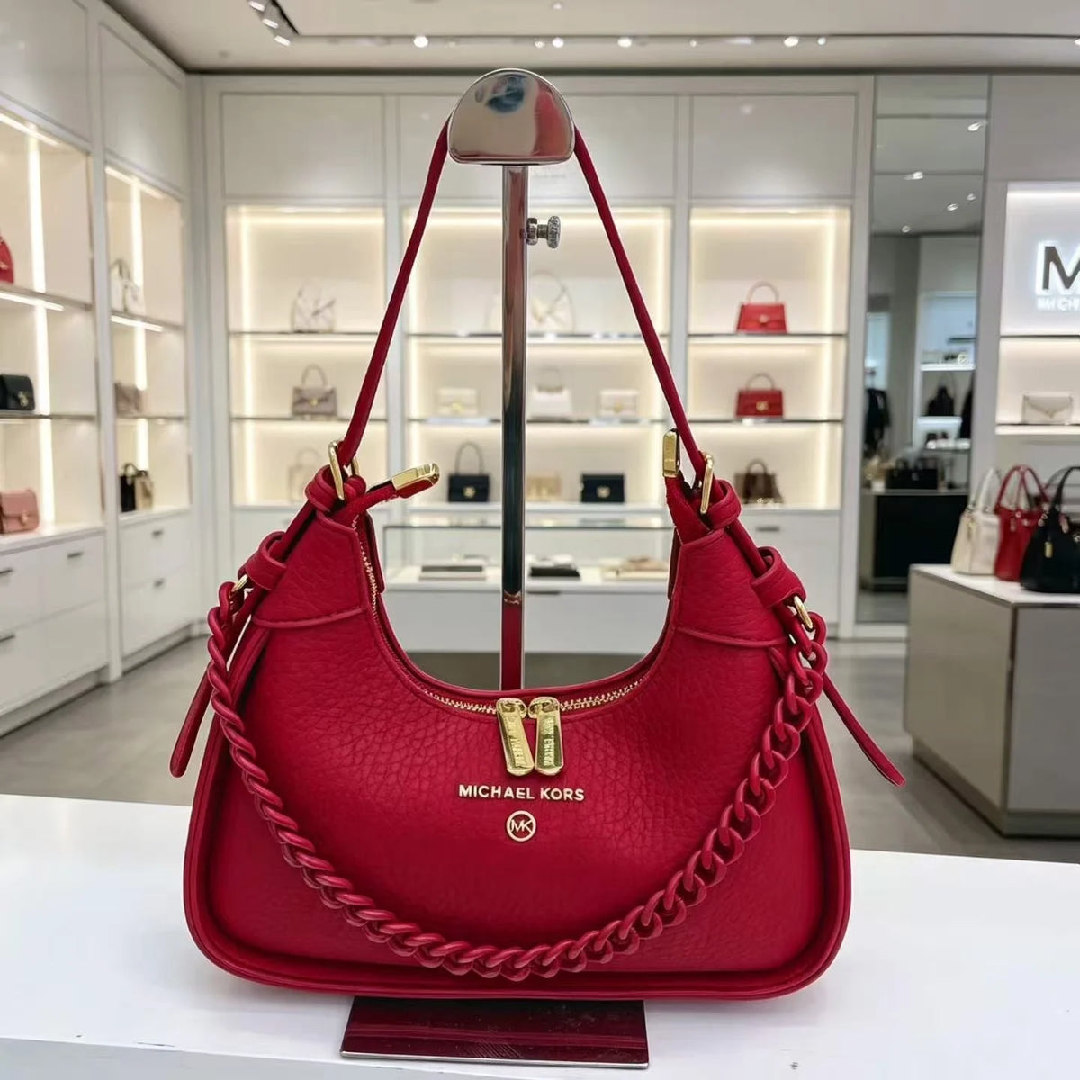 Michael Kors Pebbled Leather Small Shoulder Bag – Chain Detail Crescent Hobo Handbag