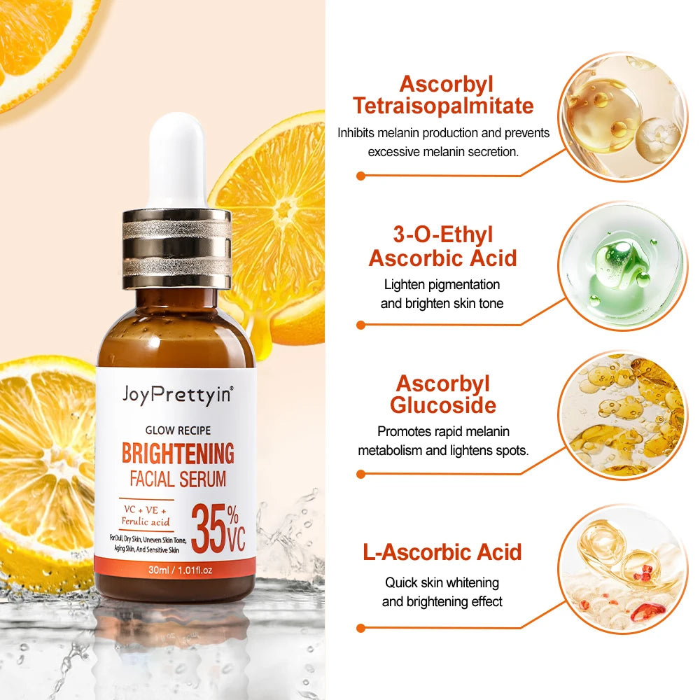 JoyPrettyin 35% Vitamin C Brightening Facial Serum – Dark Spot Corrector & Anti-Aging Face Serum with Vitamin E & Ferulic Acid (30ml / 1.01 fl oz)