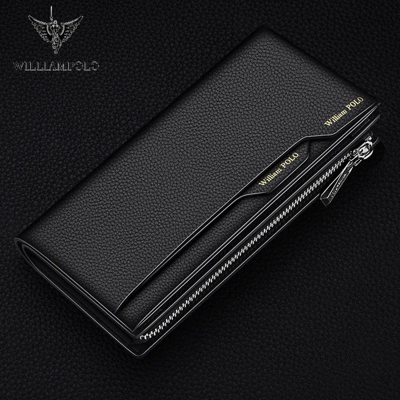WILLIAM POLO Men’s Long Leather Wallet – Multi-Card Bifold Clutch with Removable Card Holder & Phone Zipper Pocket