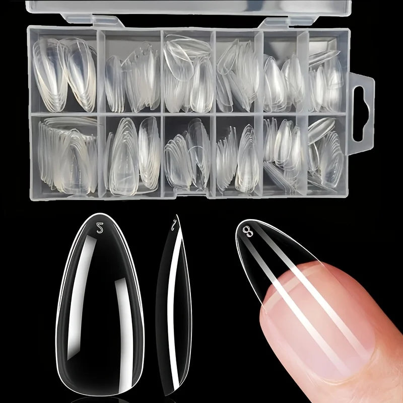Soft Gel Almond Nail Tips Set – Clear Full Cover Press-On Nails with Thin Cuticle Edge