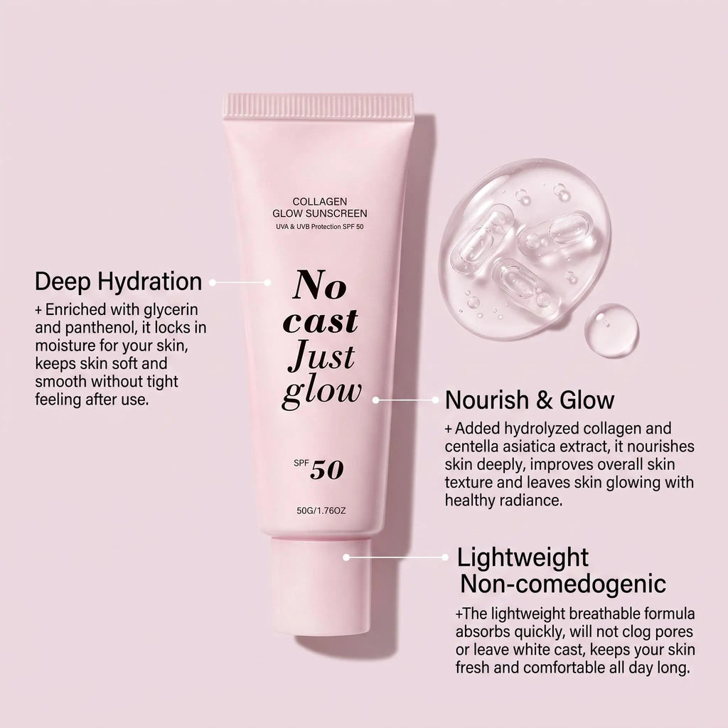 Collagen Glow Sunscreen SPF 50 (50g) – "No Cast Just Glow" Hydrating Daily Sun Cream with Centella Asiatica & Panthenol