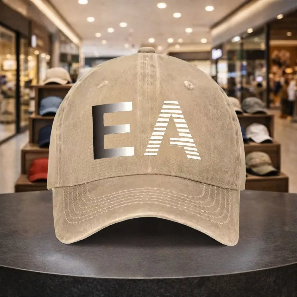 Vintage Washed Cotton EA Graphic Baseball Cap – Distressed Retro Dad Hat with Curved Brim