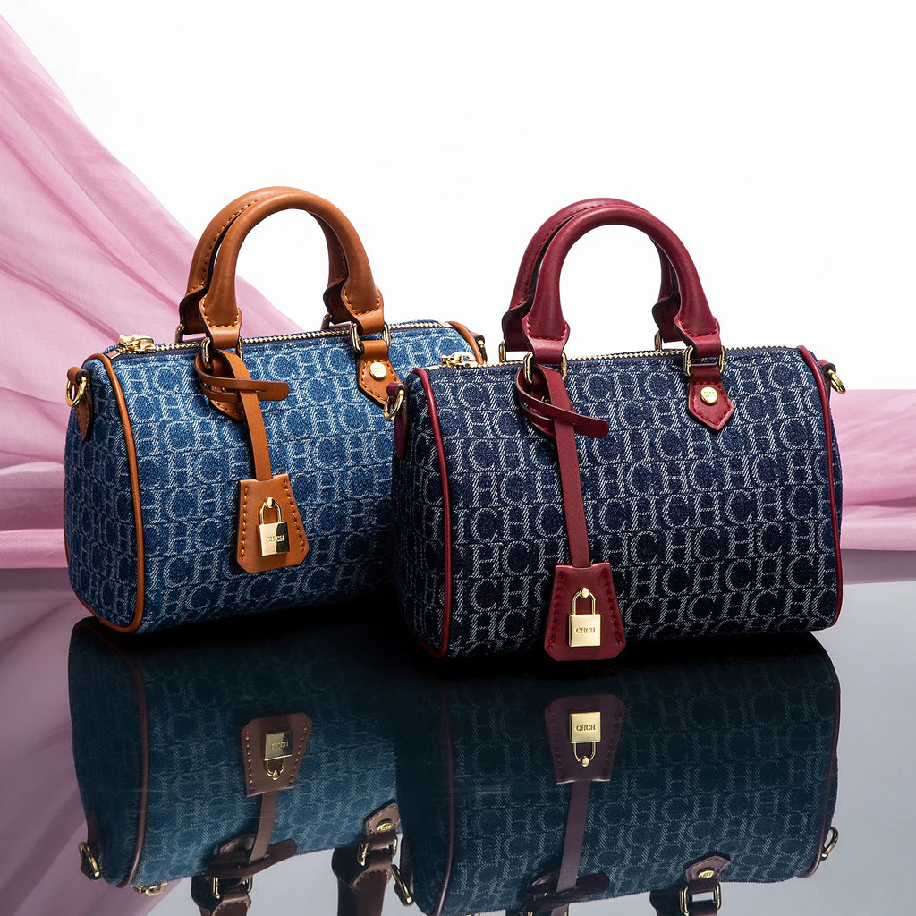Vintage Denim Monogram Mini Boston Bag with Lock Charm & Crossbody Strap