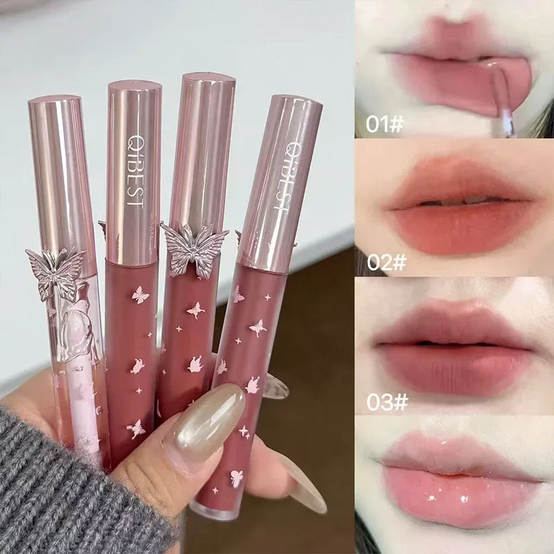 QIBEST 4-Piece Butterfly Lip Gloss & Matte Liquid Lipstick Set with Bonus Crystal Necklace