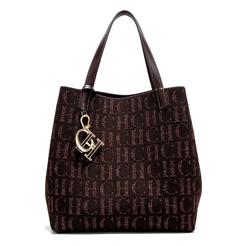 Elegant Women's Monogram Jacquard Tote Bag - Top Handle Shoulder Bag with Gold Initial Charm