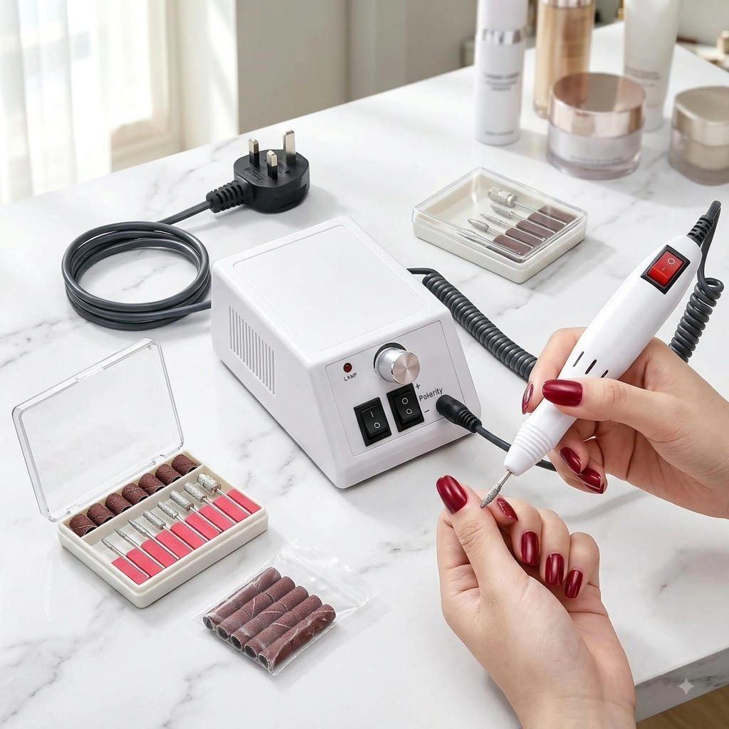 Professional Electric Nail Drill Kit 20000 RPM – Portable E-File Machine with 6 Metal Bits & Sanding Bands