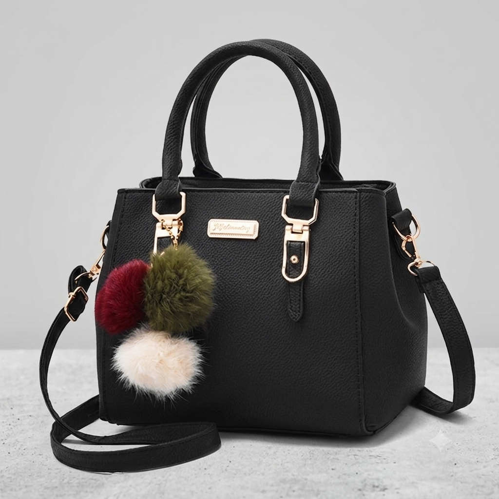 Structured Pebbled Leather Top-Handle Tote Bag with Pom-Pom Charm & Crossbody Strap