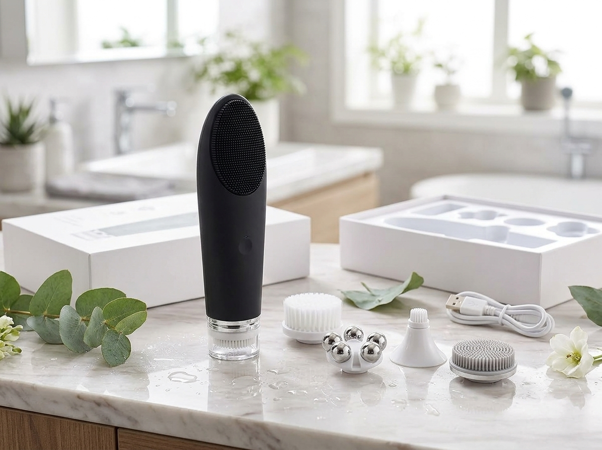 5-in-1 Sonic Electric Facial Cleansing Brush & Thermal Eye Massager – Waterproof Silicone Face Scrubber with Interchangeable Heads