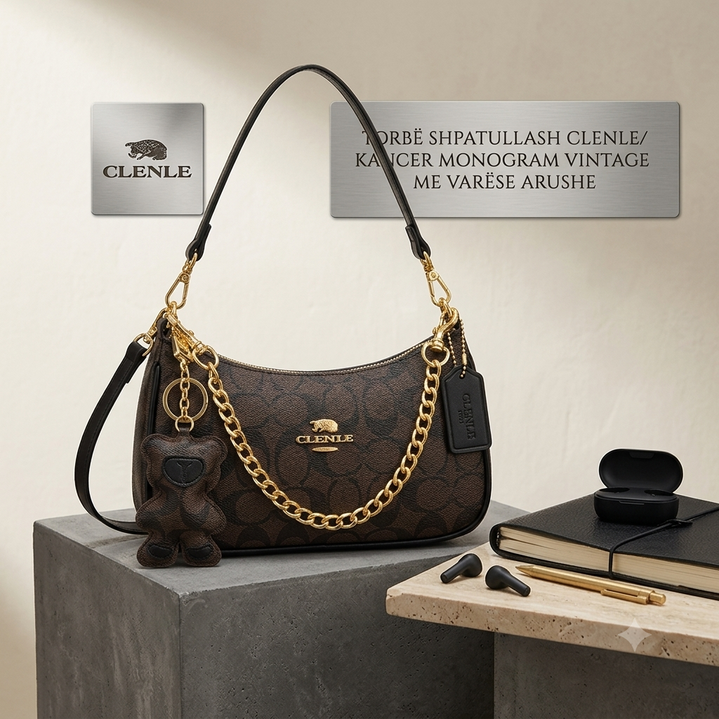 CLENLE Women's Vintage Monogram Shoulder Bag – Classic Canvas Crossbody Bag with Matching Bear Charm & Gold-Tone Chain