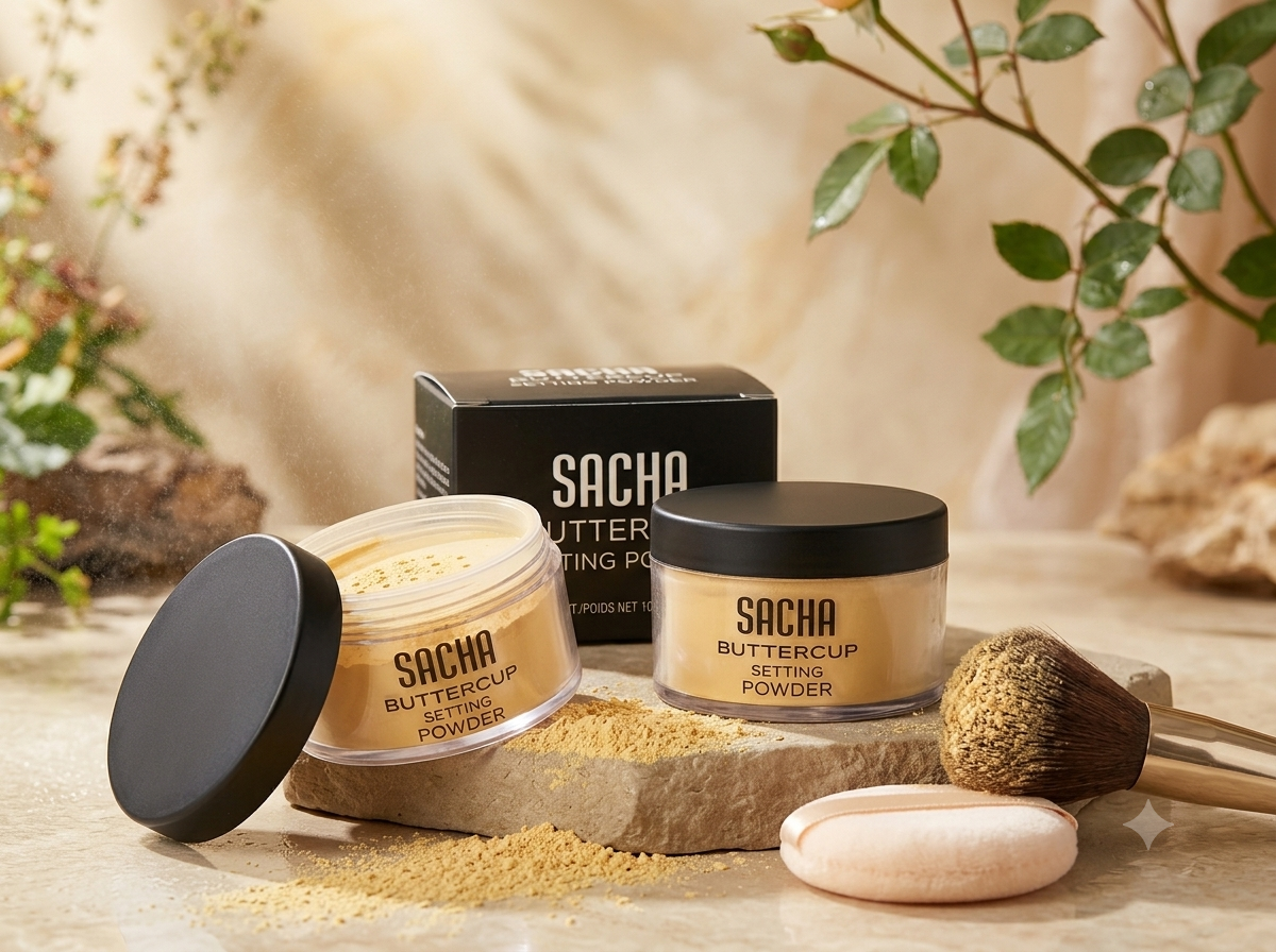 SACHA Buttercup Setting Powder (10g) – Matte Loose Finishing Powder for Baking, Oil Control & Flash-Friendly Complexion