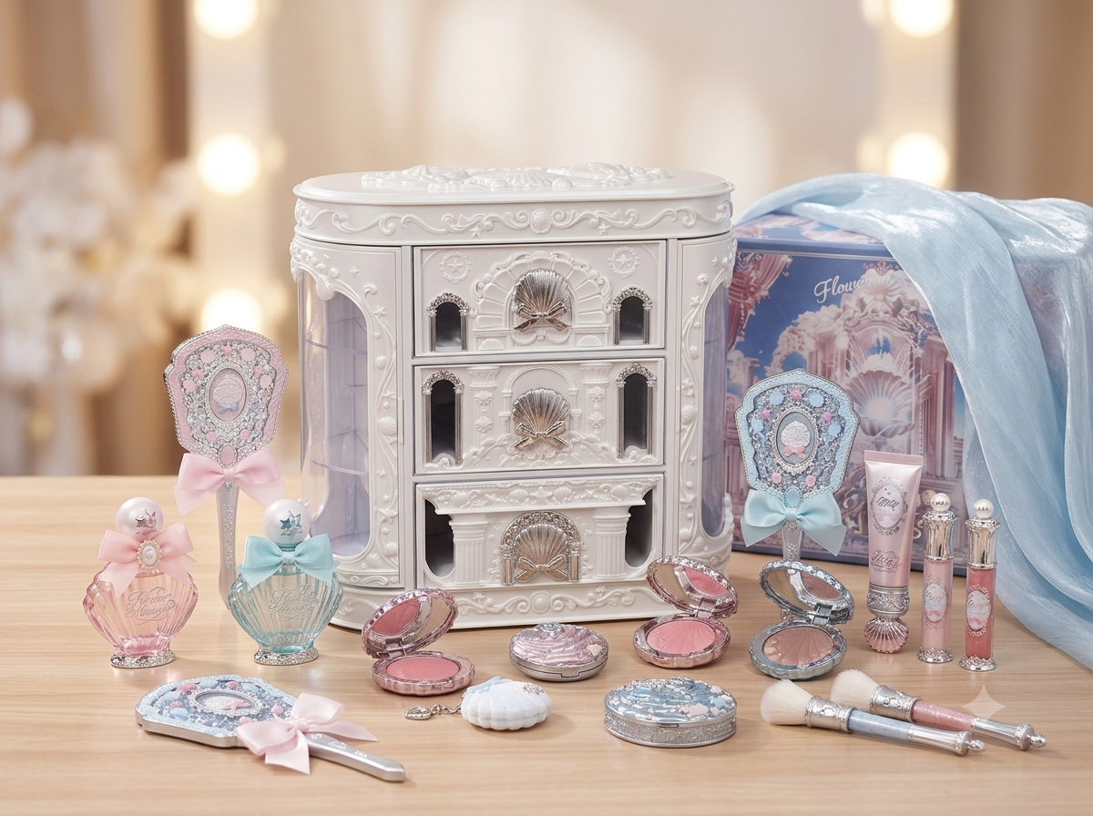 Flower Knows Shell Pearl Series Full Makeup Set + 3-Drawer Luxury Vanity Organizer