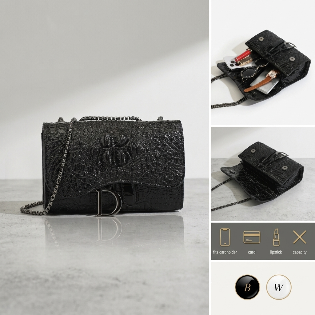 Crocodile Embossed Saddle Flap Crossbody Bag with Gunmetal Chain & Letter Charm