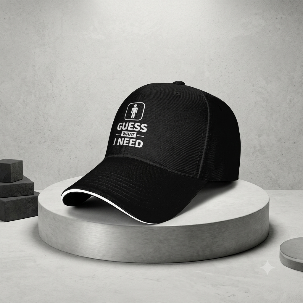 Guess What I Need Graphic Baseball Cap – Funny Restroom Sign Sandwich Brim Dad Hat