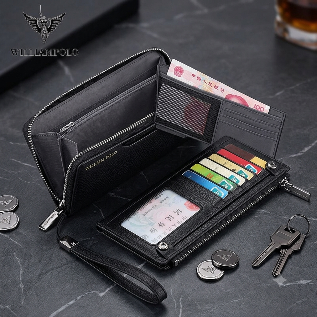 WILLIAM POLO Men’s Long Leather Wallet – Multi-Card Bifold Clutch with Removable Card Holder & Phone Zipper Pocket