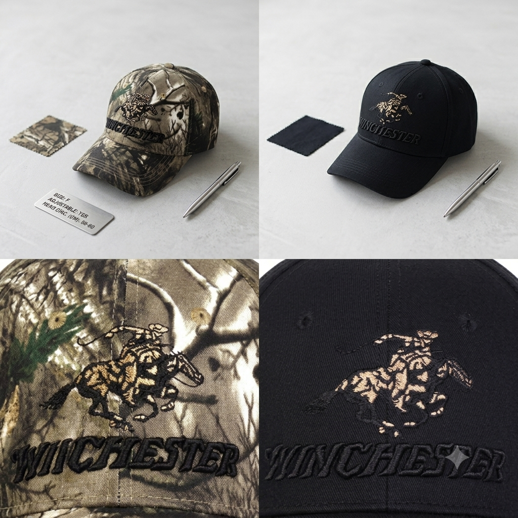 Winchester Embroidered Western Rider Baseball Cap – Outdoor Camo & Black Hat