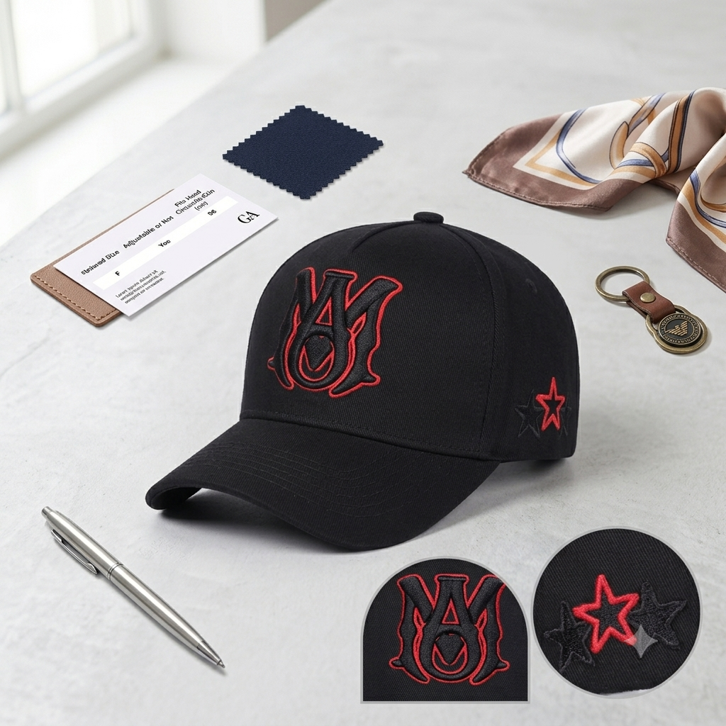 Gothic Monogram Embroidered Baseball Cap – Red Outline Streetwear Hat